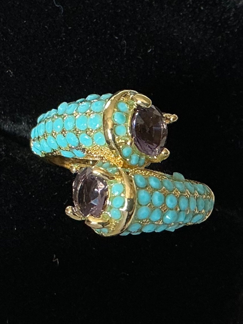 Sterling Silver Bypass Ring Gold Tone Amethyst Turquoise Pavé Style 925 - Picture 13 of 16